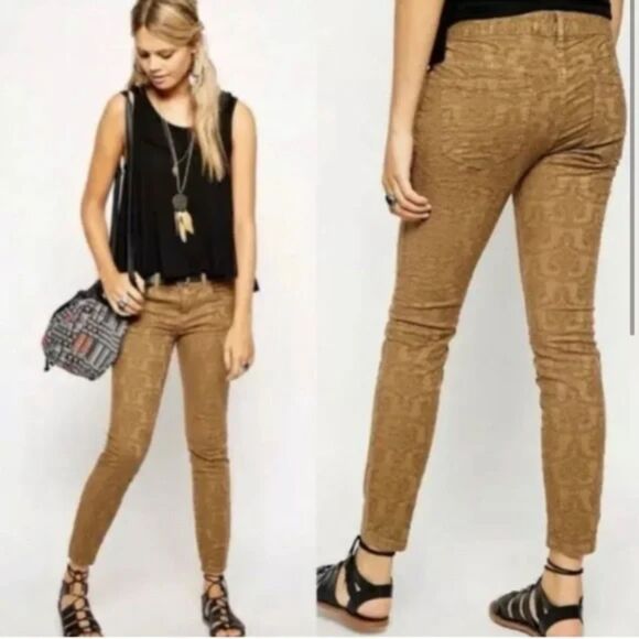Free People Women's Gold Tan Jacquard Textured Skinny Pants Size 26 - Picture 3 of 11